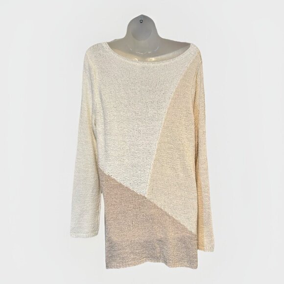 J Jill Pure Jill Colorblock Loose Knit Sweater Tunic Cream Tan Womens Size Large - Picture 2 of 7